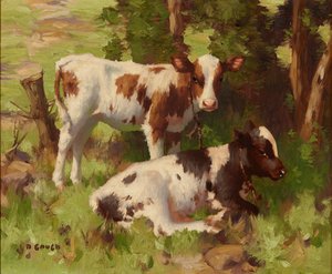 夏の風景の中の子牛たち（油彩・キャンバス） 作： David Gauld