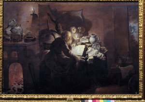 錬金術師のアトリエ。デイヴィッド・ライカールト3世（ライカールト）（1612 - 1661）の絵画 Ec.Flam. 作： David III Ryckaert