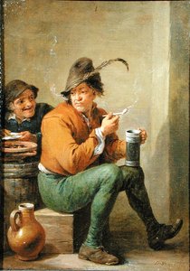 石器の水差しと土管を持つ農民（パネルに油彩） 作： David III Teniers