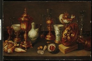 オウムガイ、花瓶、グラス、サンゴの枝のある貝殻のある静物 作： David II Ryckaert
