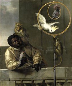 オウムとサルを連れた黒人男性、1670年