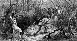 Manyema 待ち伏せ、中央アフリカ、David Livingstone の Last Journals からの彫刻、David Livingstone (1813-1873)、ロンドン 作： David Livingstone