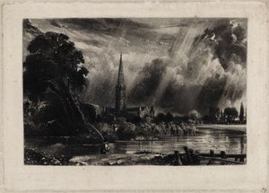 ソールズベリー大聖堂、1832年頃（簀の紙に白いチョークでメゾチント） 作： David Lucas