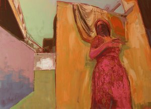 ピンクのドレスの女』2016年、ウッドパネルにミクストメディア 作： David McConochie