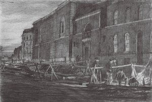 ロンドン夜明けのニューゲート刑務所（カラーリトグラフ） 作： David Muirhead (after) Bone