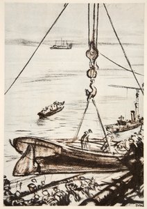 戦艦にて：メインデリックからボートを降ろす。