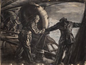 アイスランド沖での冬の地雷敷設のための習作、1942年頃（紙に木炭とカラーチョーク）