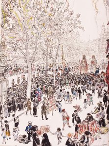6月8日、バルセロナのランブラス通り、コルプス・クリスティ行列、街の旗と巨人たち