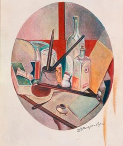 ボトルと画材のある楕円形の静物 作： David Petrowitsch Sterenberg