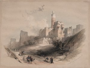壁のないエルサレムの城塞、ダビデの塔、1839年。