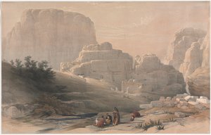 ペトラ、谷の下端、アクロポリスの眺め、1839年。 作： David Roberts