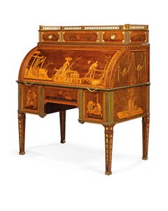 機械式シリンダー局、ノイヴィート、c.1776-79（オルモルに取り付けられ、真ちゅうをはめ込んだアンボイナ、チューリップウッド、ステンドグラスのシカモア、寄木細工） 作： David Roentgen