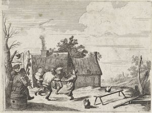 2 人の音楽家の音楽に合わせて農家を踊る 作： David Teniers (II)