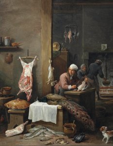 テーブルでゲームの準備をする料理人のいる厨房内（Le Cuisinier Flamand） 作： David Teniers the Younger