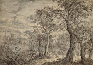 キリストの誘惑のある森の風景（紙にペンとグレーのインク、筆とトイレ） 作： David Vinckboons