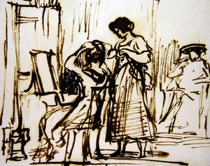 女性が髪を結っているインテリア（紙にインク） 作： David Wilkie