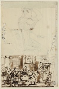 テーブルに座る人々（表）、コテージトイレの習作（裏） 作： David Wilkie