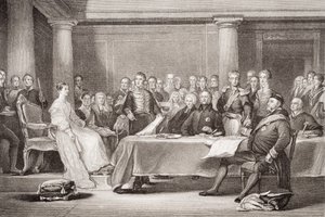 ビクトリア女王の最初の評議会、ケンジントン宮殿、1837年6月21日、「英語とスコットランドの歴史のイラスト」第II巻 作： David Wilkie