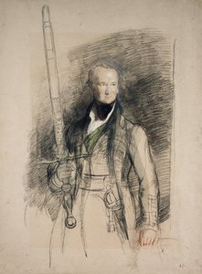 1824年のソードオブステートを携えたモートン伯爵（灰色がかった紙にトイレ色とボディカラーを備えた黒と赤のチョーク）