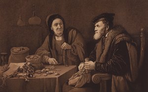 ロンドンのナショナル・ギャラリーに展示されている「The Misers」（リトグラフより） 作： David the Younger (after) Teniers