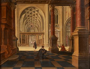 城跡の向こうの小道で会話する人物（パネルに油彩） 作： David the Younger (follower of) Teniers