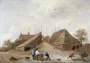 テーブルの周りの数字のある農場の庭 作： David Teniers the Younger