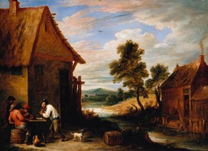 居酒屋の外の農民のいる川の風景 作： David Teniers the Younger