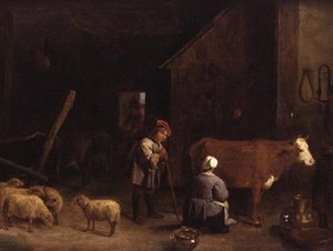 牛小屋でミルクメイドと話すシェパード・ボーイ 作： David Teniers the Younger