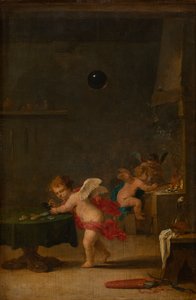 錬金術師の工房のアモレッティ、1635-37年頃、油彩、オーク材 作： David the Younger Teniers
