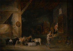 山羊のいる納屋とリコーダーをしている少年、1640〜45年頃 作： David Teniers the Younger