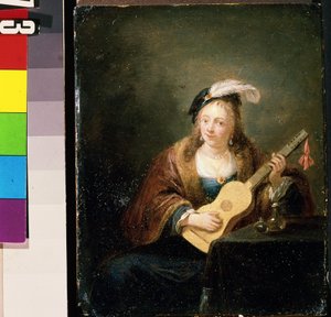 ギターを持つ女性。 David Teniers the Young（1610-1690）による絵画。 木に油彩 作： David Teniers the Younger