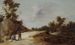 岩が多く、樹木が茂った風景の中の小道で休む農民 作： David Teniers the Younger