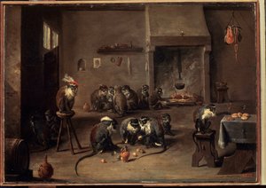 キッチンのサル。 David Teniers the Young（1610-1690）による絵画。 キャンバスに油彩、36 x 50.5 cm、1640 年頃。フラマン美術、バロック美術。 エルミタージュ美術館、サンクトペテルブルク。 作： David Teniers the Younger