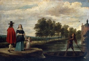 アーティスト、彼の邸宅の堀のそばの妻と子供、パーク（キャンバスに油彩） 作： David Teniers the Younger