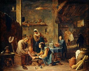 バーバーズショップ」（オーク材に油彩） 作： David Teniers the Younger