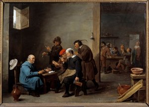 白い帽子の男 宿屋でパイプを吸う男たちのグループ。若き日のダヴィッド・テニアス2世（1610-1690）による絵画 作： David Teniers the Younger