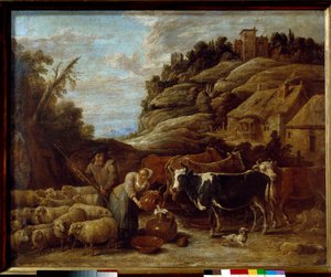 群れの乳搾りの様子。ダヴィッド2世テニアス若き日の絵画（1610-1690） Ec.Flam.