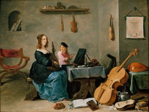 画家の妻と息子 画家の家族の肖像、若い女性は楽器で埋め尽くされた部屋で音楽を奏で、子供はシャボン玉を作っている。若き日のダヴィッド・テニアス(1610-1690)の絵画 17世紀 トリノ ガレリア・サバウダ イタリア 作： David Teniers the Younger