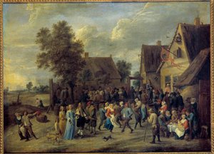 貴族のカップルがいる村のパーティー ダヴィッド・テニアス2世（1610-1690）の絵画 日0,8x1,09 m. 作： David Teniers the Younger
