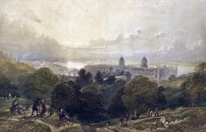 ある夏の夕暮れ、公園の高台からグリニッジ（イギリス）を望む。