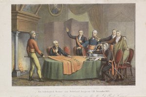1813 年 11 月 21 日、オラニエ公の名において、三頭政治家による最高政府の受諾 オランダ政府をオランダに返還。 (1813 年 11 月 20 日) (オブジェクトのタイトル)