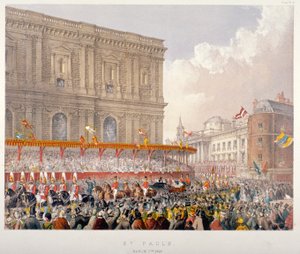 1863年、シティ・オブ・ロンドンのセント・ポール大聖堂の東端を通過する王室の行列 作： Day and Son