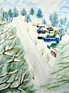 村の雪、2014年、キャンバスにアクリル 作： デボラ・イブ・アラストラ