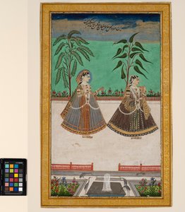 ゴルコンダのタナ・シャーのハレムから来た2人の女性 1800年頃（不透明水彩、金、紙、アルバムページに装着 作： Deccani School