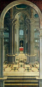 ディフェンテ・フェラーリ（1480または1485-1540）が描いたパースペクティブ（16世紀の聖歌隊席の後部に描かれたもの）、イタリア、ビエラの聖ジェローム教会 作： Defendente Ferrari