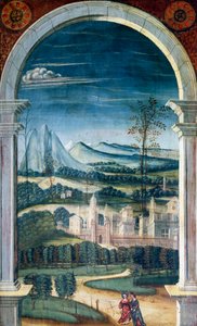 ディフェンテ・フェラーリ（1480または1485-1540）が描いたパースペクティブ（16世紀の聖歌隊席の後部に描かれたもの）、イタリア、ビエラの聖ジェローム教会