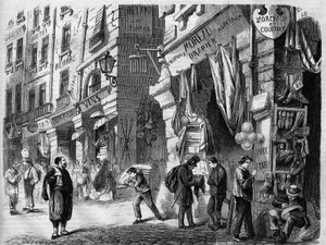 パリ、トンネリ通りの家々の1階にある屋根付きの回廊の様子。"Hallesの柱 "とも呼ばれ、1866年3月7日の "L