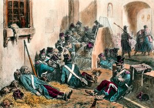 ナポレオン戦争時のチフス フランス軍の兵士が病気による熱病に苦しむ様子。19世紀、Denis Auguste Raffet（1804-1860）によるエングレーヴィング。個人蔵