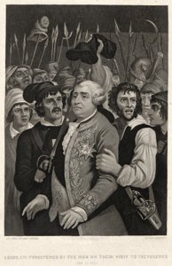 チュイルリーを訪れたモブに威嚇されるルイ16世、1792年6月20日、ジョン・サーテイン（彫刻）による 作： Denis Auguste Marie (after) Raffet