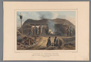 Afschieten van een 迫撃砲、1832 年 装甲迫撃砲の砲台、トレドの砦とパシオトの砦をつなぐコートヌ川に設置された (オブジェクトのタイトル) Raffet によるアントワープ城塞の包囲戦での生活から作られたドローイング (オブジェクトのシリーズ タイトル)
